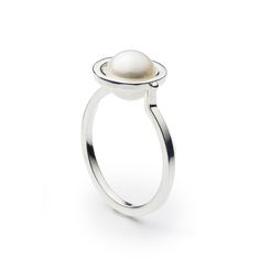 Silver & Pearl Ring - This playful ring features a slightly baroque, round freshwater white to cream-colored pearl (7.5mm) that rolls inside the circular frame. Hand fabricated in sterling silver and high-polished.<br><br>Available in whole and half sizes 5-9. Sterling Silver Pearl Ring With Pearl Drop, Cage Ring, Silver Pearl Ring, Circular Frame, Helpful Things, Moon Ring, Artful Home, Wide Rings, Pearl Color