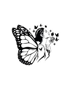 a black and white drawing of a butterfly with a woman's face surrounded by butterflies