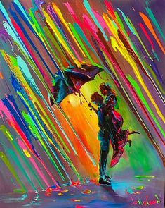 a painting of a person holding an umbrella and standing in the rain with colorful streaks