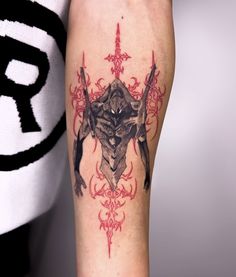 a tattoo on the arm of a person with an animal head and two swords in it