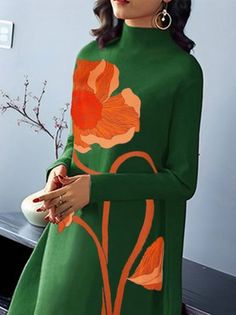 Green Graphic Print Dresses, Green Printed Dresses For Fall, Green Printed Fall Dresses, Green Cotton Dress With Graphic Print, Printed Green Dress, Floral Dresses With Sleeves, Evening Midi Dress, Painted Bags, Floral Sleeve