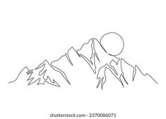 continuous line drawing of mountains with the sun rising over them, on a white background