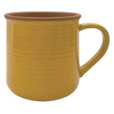 a yellow coffee mug with brown rims on the outside and inside, sitting in front of a white background