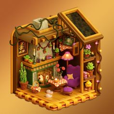 an image of a doll house with furniture and decorations on it's shelfs