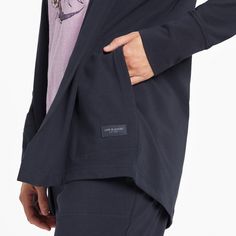 Grab and go anywhere in this versatile cardigan that brings the lived-in softness of our stretchy Crusher-FLEX to a premium super-soft piece that's perfect for wearing out—or wearing around the house. And with a flattering hip-length edge and dropped shoulders, you'll look sharp whether you're in jeans or joggers. 92% USA Grown Cotton / 8% Spandex Crusher-Flex Jersey 7.08 oz. Mid-weight cotton/spandex jersey, garment washed for softness. Relaxed open-front non-closure hooded cardigan - roomy eno Navy Long Sleeve Cardigan For Layering, Sporty Long Sleeve Cardigan For Loungewear, Sporty Long Sleeve Loungewear Cardigan, Casual Navy Outerwear For Loungewear, Classic Cotton Outerwear For Loungewear, Versatile Cardigan, Cardigan Long Sleeve, Positive Lifestyle, Fabric Cuff