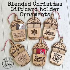 christmas ornaments made out of wooden tags with the words blended christmas gift card holder ornaments