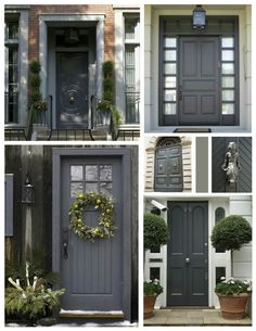 several pictures of front doors with wreaths on them