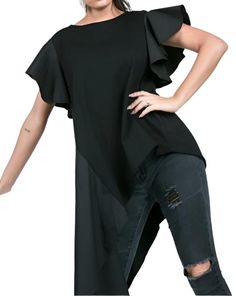 Women Asymmetrical Ruffle Sleeve Top. Material: 100% Cotton Color: Black Elegant Asymmetrical Top With Ruffles, Elegant Asymmetrical Ruffled Tops, Solid Asymmetrical Hem Blouse For Layering, Trendy Blouse With Asymmetrical Hem, Chic Asymmetrical Hem Blouse With Ruffles, Chic Blouse With Ruffles And Asymmetrical Hem, Summer Blouse With Ruffles And Asymmetrical Hem, Chic Tops With Asymmetrical Hem For Layering, Trendy Asymmetrical Stretch Blouse