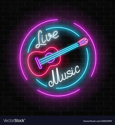 a neon sign that says live music with an acoustic guitar in the center on a brick wall