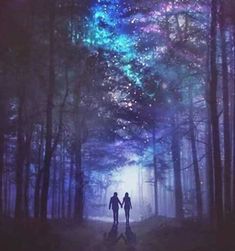 two people standing in the middle of a forest holding hands under a colorful sky filled with stars