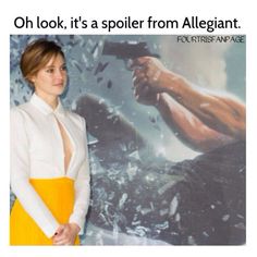 a woman standing in front of a poster with the words, oh look, it's a spoiler from allegant