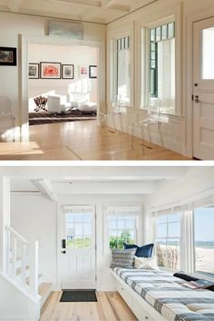 2 Cottage-Style Foyer Ideas Compared Each with Lightwood Flooring and Large Windows Cottage Foyer, Small Wooden Bench, Cottage Entryway, Foyer Designs, White Wainscoting, White Molding, Large Hallway, Hardwood Floors Dark, Light Hardwood