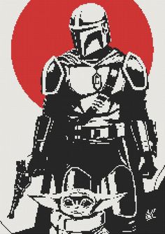 the star wars cross stitch pattern is shown in black and white, with a red sun behind it