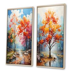 two paintings with trees and water in them