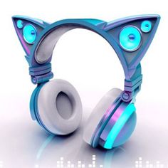 a pair of headphones with cat ears and glowing blue eyes are shown in front of a white background