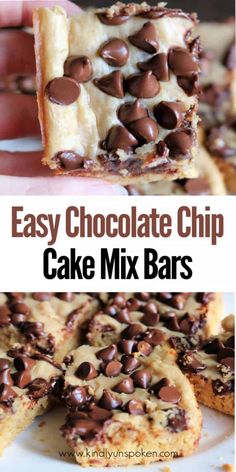 easy chocolate chip cake mix bars are stacked on top of each other and ready to be eaten