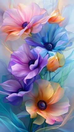 an artistic painting of colorful flowers on a blue background