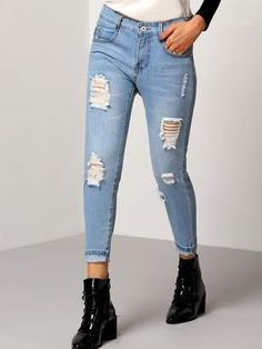 Romwe Blue Slim Ripped Denim Pants Ripped Denim Pants, Distressed Pants, Ripped Pants, Latest Jeans, Stretch Denim Pants, Blue Denim Pants, Top Girls, Cuffed Jeans, Slim Trousers