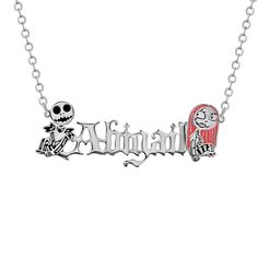 a necklace with two cartoon characters and the word'love'in silver on a white background