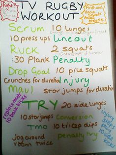 a white sign with writing on it that says tv rugby workouts written in different languages