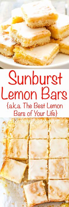 lemon bars are stacked on top of each other with the words, sunburst lemon bars