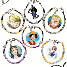 six key chains with anime characters hanging from it's ends and beads around them