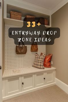 the entryway drop zone has three purses on it and two bags hanging from hooks