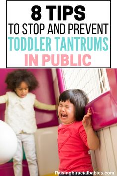 two children playing in an indoor play area with text overlay that reads 8 tips to stop and prevent toddler tantrums in public