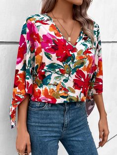 Women V Neck Three Point Sleeve Printed Elegant Loose Shirt - Multi1,XL Girly Punk, Short Blouses, Retro Glam, Fitted Jumpsuit, Loose Shirt, Casual Outerwear, Summer Crop Tops, Loose Fabric, Loose Shirts