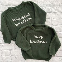 Hand embroidered baby/toddler long sleeve sweater. These can be stitched with any name that you want! Please note that these are oversized! If you aren't going for the oversized look, size down!  Please make sure to put in the personalization  comments what color of yarn you would like and make sure to type the name as you want it to appear. Please check for spelling. Names are sewn as they appear in the comments. These are made to order but will ship out quickly.  These can be washed on gentle Oversized Sweater With Letter Embroidery, Oversized Long Sleeve Sweater With Letter Embroidery, Oversized Long-sleeved Sweater With Letter Embroidery, Oversized Letter Embroidery Sweater For Fall, Oversized Winter Sweater With Letter Embroidery, Oversized Fall Sweater With Letter Embroidery, Green Top With Letter Embroidery For Winter, Family Matching Long Sleeve Winter Tops, Green Tops With Letter Embroidery For Winter