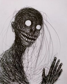 a drawing of a creepy looking person with his hands in the air and eyes open