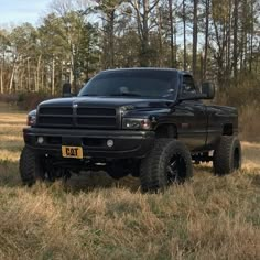 a black truck parked in the middle of a field