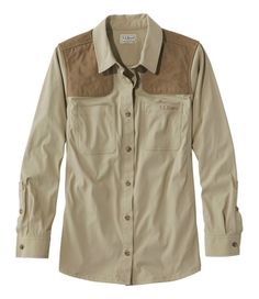 Fit: Slightly Fitted | Stretch Upand Field Shirt Women's, Nylon Outdoor Khaki Camp Shirt With Pockets, Outdoor Khaki Cotton Camp Shirt, Khaki Outdoor Shirt With Button Closure, Brown Outdoor Shirt With Pockets, Cotton Button-up Camp Shirt For Outdoor, Outdoor Equipment, Hunting Clothes, Hunting Shirts, Fishing Gear