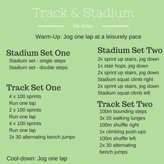 a green poster with instructions for how to set up a track and standup workout