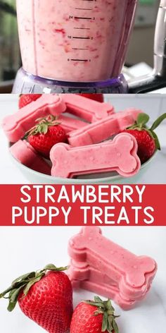 strawberry puppy treats in a blender with strawberries on the side and text overlay