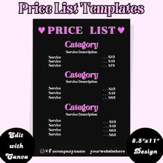 a price list with the words price list written in pink and black, on a white background