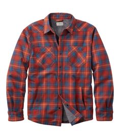 Combining the durable, quick-drying performance of the Katahdin Performance Flannel with our ultrasoft hi-pile fleece lining makes this plaid shirt-jac the ultimate layer, indoors and out. Slightly Fitted: Relaxed through the chest and sleeve, with a slightly slimmer waist. Warm hi-pile fleece lining is 100% polyester. Insulated with a blend of 65% olefin and 35% polyester for additional warmth. Brushed 94% polyester and 6% wool blend flannel feels soft and provides optimal abrasion-resistance. Casual Orange Cotton Flannel Shirt, Long Sleeve Wool Plaid Flannel Shirt, Rugged Plaid Cotton Flannel Shirt, Red Relaxed Fit Button-up Flannel Shirt, Classic Red Long-sleeved Flannel Shirt, Wool Flannel, Active Outfits, Woven Top, Slim Waist