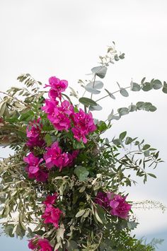 purple flowers and greenery in a vase on a table with blue sky in the background