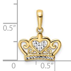 14k Yellow Gold White Rhodium Solid Open Back Polished Diamond Cut Finish Crown Heart Design Charm Pendant Layered Look, Heart Design, Diamond Cut, Charm Pendant, Timeless Design, Open Back, Diamond Cuts, Jewelry Collection, Crown