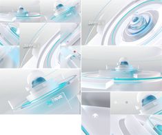 four different views of an abstract white and blue design