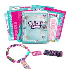 an assortment of toys and stickers are displayed on a white background with the words sticki book