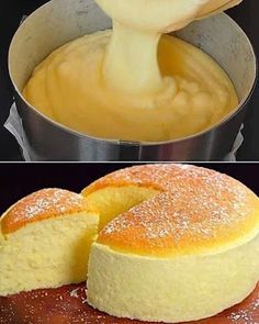 there is a cake that has been cut in half and being put into the pan