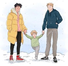 an adult and child holding hands while walking in the snow