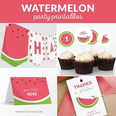 watermelon party printables and cupcakes are featured in this collage