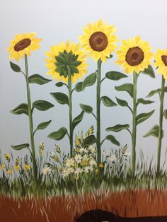 a painting of sunflowers in a field with a dog