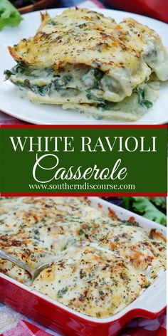 white ravioli casserole with spinach and cheese