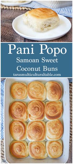 Pani Popo (Samoan Sweet Coconut Buns) on a white plate and in a large baking dish. Poni Popo Recipe, German Buns Samoan Recipe, Pani Popo Recipe Samoan, Samoan Recipes Authentic, Panipopo Recipe, Small Gathering Food Ideas, Coconut Buns Recipe, International Breads, Pani Popo