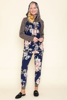 Navy Floral Mocha Raglan Hoodie & Jogger Set_Plus