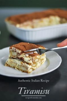 someone cutting into a piece of tirami cake on a white plate with the words how to make it italian