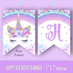 a happy birthday banner with unicorns and stars on the bottom, in pink background